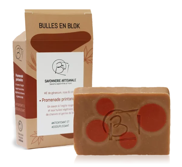 Savon naturel artisanal saponifié à froid dans le Morbihan et son emballage sur mesure Bulles en Blok